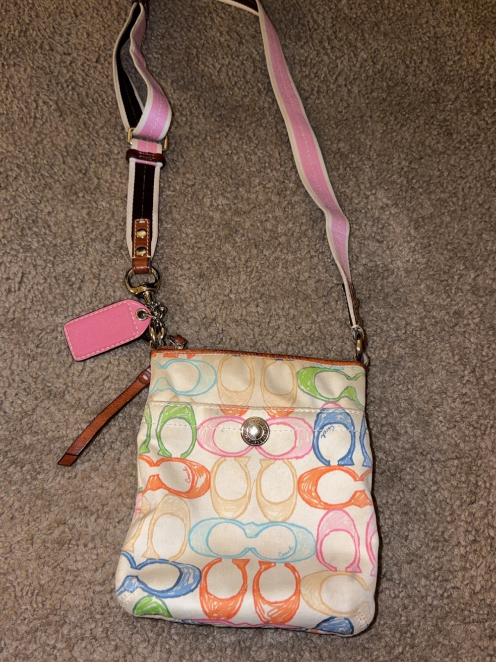 Coach Multicolor Signature Scribble Crossbody with Pink Strap